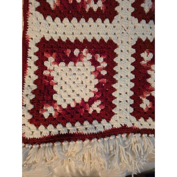 Vintage 70s Handmade Crochet Granny Square Knit Throw Blanket Red Pink - Picture 4 of 9